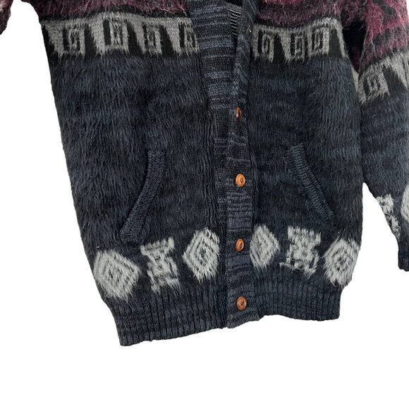 Womens Black Burgundy Alpaca Wool Blend Furry Greek Key Boho Cardigan Size L - Picture 4 of 5